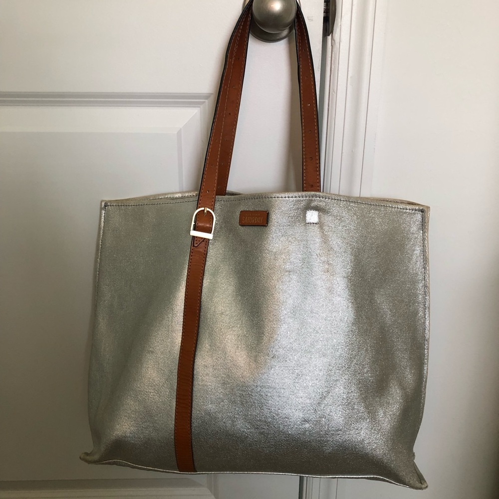 Kate Spade ♠️ Saturday Silver Tote with Leather Handles